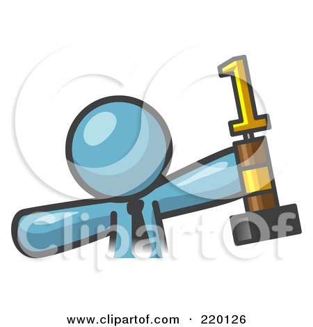 Royalty-Free (RF) Clipart Illustration of a Proud Denim Blue Business Man Holding Up A First Place Trophy by Leo Blanchette