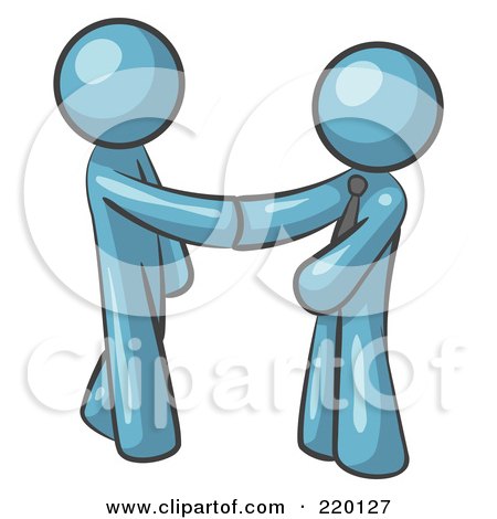 Royalty-Free (RF) Clipart Illustration of a Denim Blue Man Wearing A Tie, Shaking Hands With Another Upon Agreement Of A Business Deal by Leo Blanchette