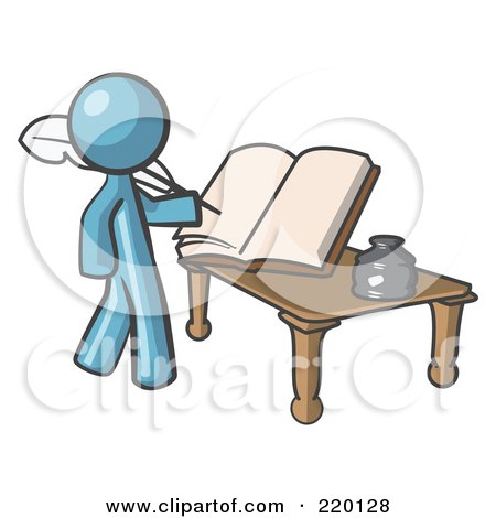 Royalty-Free (RF) Clipart Illustration of a Denim Blue Man Author Writing History On Blank Pages Of A Book by Leo Blanchette