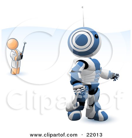 Clipart Illustration of a Blue and White AO-Maru Robot Being Controlled by an Inventor With a Remote Control by Leo Blanchette