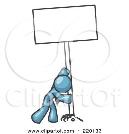 Royalty-Free (RF) Clipart Illustration of a Strong Denim Blue Man Pushing a Blank Sign Upright  by Leo Blanchette