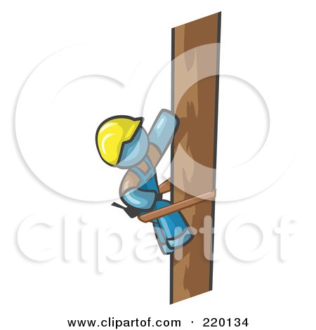 Royalty-Free (RF) Clipart Illustration of a Denim Blue Man Design Masccot Worker Climbing A Phone Pole by Leo Blanchette