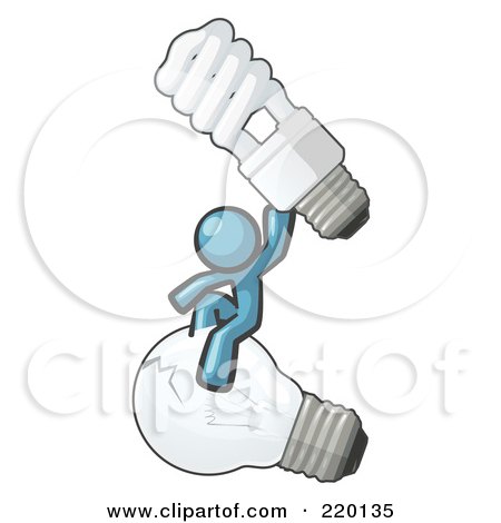 Royalty-Free (RF) Clipart Illustration of a Denim Blue Man Design Mascot Sitting On An Old Light Bulb And Holding Up A New, Energy Efficient Bulb by Leo Blanchette