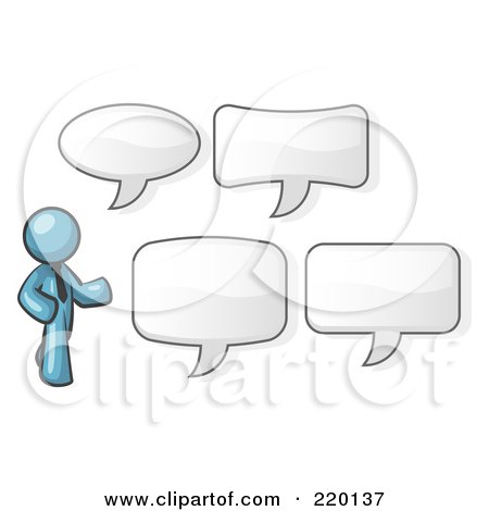 Royalty-Free (RF) Clipart Illustration of a Denim Blue Businessman With Four Different Word Bubbles by Leo Blanchette