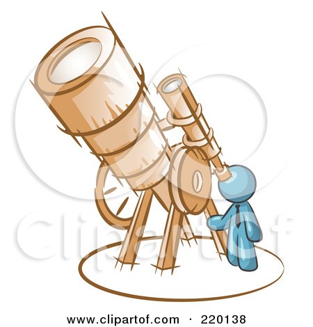 Royalty-Free (RF) Clipart Illustration of a Denim Blue Man Looking Through A Huge Telescope Up At The Stars In The Night Sky by Leo Blanchette