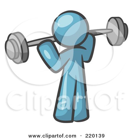 Royalty-Free (RF) Clipart Illustration of a Denim Blue Man Lifting A Barbell While Strength Training by Leo Blanchette