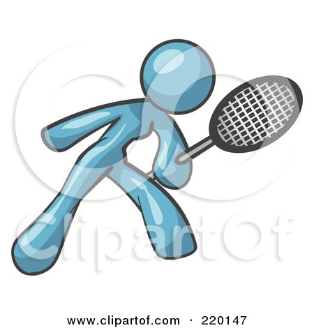 Royalty-Free (RF) Clipart Illustration of a Denim Blue Woman Preparing To Hit A Tennis Ball With A Racquet by Leo Blanchette
