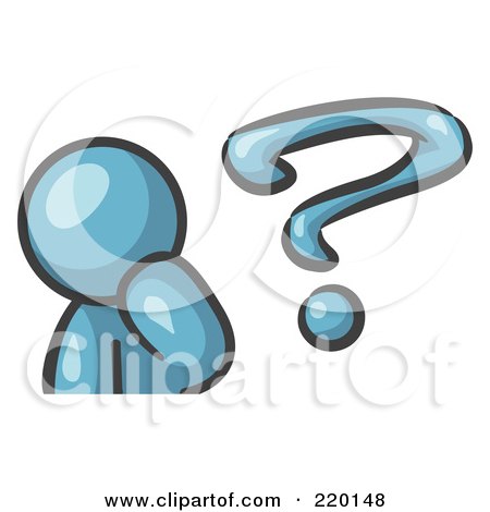 Royalty-Free (RF) Clipart Illustration of a Denim Blue Man Rubbing His Chin And Posed By A Question Mark, Symbolizing, Curiosity, Confusion And Uncertainty by Leo Blanchette
