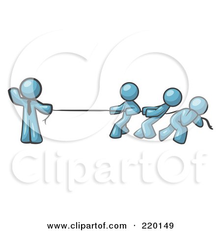 Royalty-Free (RF) Clipart Illustration of a Strong Denim Blue Man Holding One End of Rope While Three Others Pull on the Other Side During Tug of War by Leo Blanchette