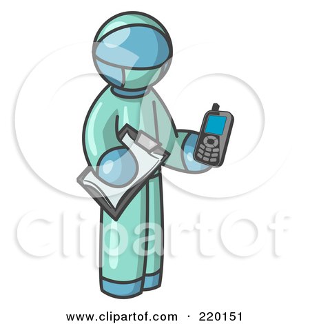 Royalty-Free (RF) Clipart Illustration of a Denim Blue Surgeon Man Holding a Clipboard and Cellular Telephone by Leo Blanchette