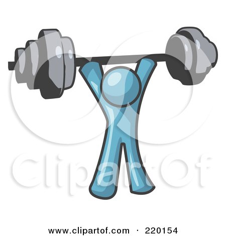 Royalty-Free (RF) Clipart Illustration of a Denim Blue Man Lifting A Barbell While Strength Training by Leo Blanchette