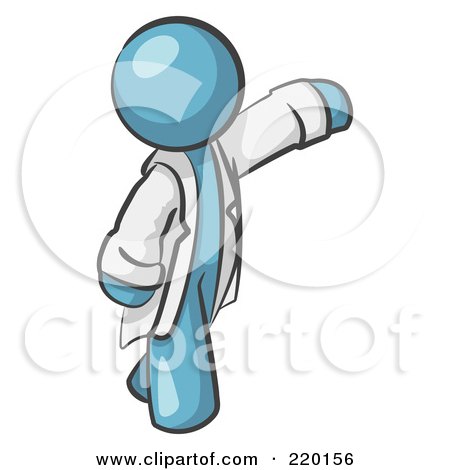 Royalty-Free (RF) Clipart Illustration of a Denim Blue Scientist, Veterinarian Or Doctor Man Waving And Wearing A White Lab Coat by Leo Blanchette
