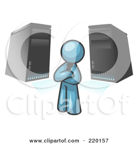 Royalty-Free (RF) Clipart Illustration of a Denim Blue Business Man Standing in Front of Servers by Leo Blanchette