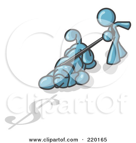 Royalty-Free (RF) Clipart Illustration of a Denim Blue Man Walking a Dog That is Pulling on a Leash to Sniff a Shadow of a Dollar Sign on the Ground by Leo Blanchette