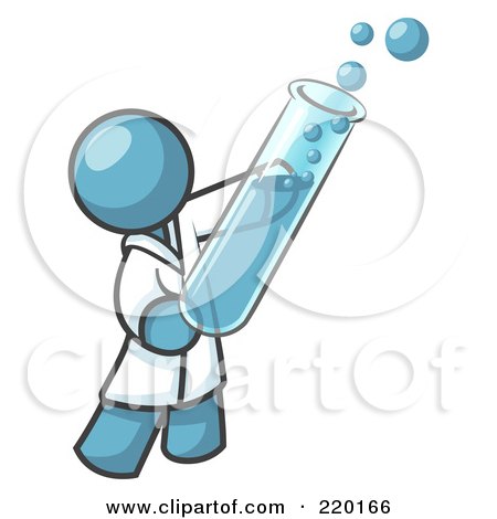 Royalty-Free (RF) Clipart Illustration of a Denim Blue Man Scientist Holding A Test Tube Full Of Bubbly Liquid In A Laboratory by Leo Blanchette