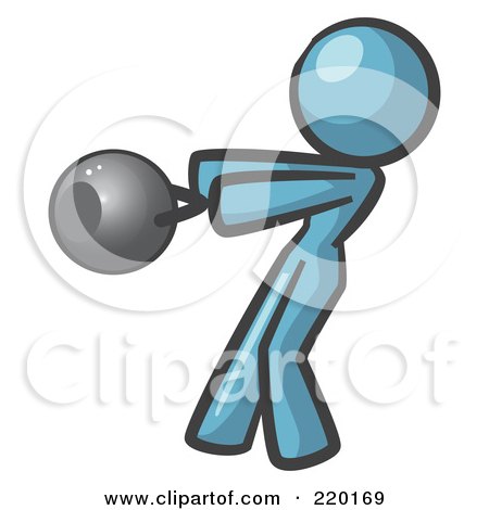 Royalty-Free (RF) Clipart Illustration of a Denim Blue Woman Design Mascot Working Out With A Kettle Bell by Leo Blanchette