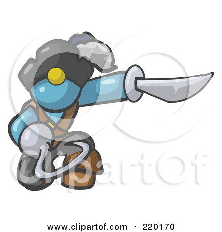 Royalty-Free (RF) Clipart Illustration of a Kneeling Denim Blue Man Pirate With A Hook Hand And A Sword by Leo Blanchette