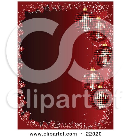 Clipart Picture of 5 Sparkling Red Christmas Disco Ball Ornaments Suspended Over A Gradient Red Background by elaineitalia