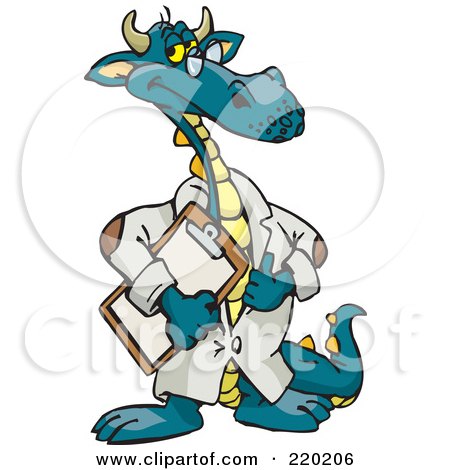 Royalty-Free (RF) Clipart Illustration of a Dragon Scientist, Doctor, Or Professor In A Lab Coat, Holding A Clipboard by Dennis Holmes Designs