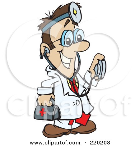 Royalty-Free (RF) Clipart Illustration of a Male Caucasian Doctor Carrying A First Aid Kit, Wearing A Headlamp And Holding A Stethoscope by Dennis Holmes Designs