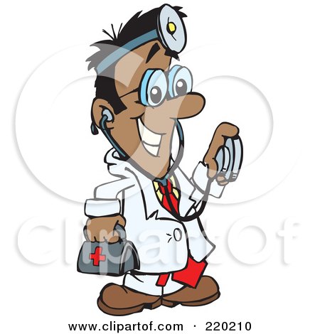 Royalty-Free (RF) Clipart Illustration of a Male Indian, Hispanic, Or Black Doctor Carrying A First Aid Kit, Wearing A Headlamp And Holding A Stethoscope by Dennis Holmes Designs