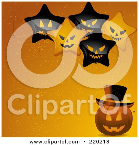 Royalty-Free (RF) Clipart Illustration of Evil Star Balloons Over A Halloween Jackolantern On An Orange Background by elaineitalia