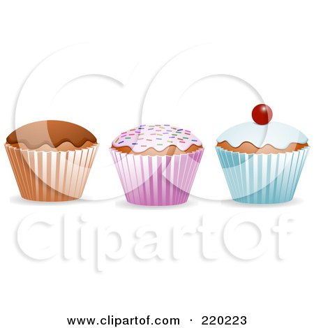 Royalty-Free (RF) Clipart Illustration of a Digital Colalge Of Three Cupcakes; Chocolate, Sprinkled And Cherry Topped by elaineitalia