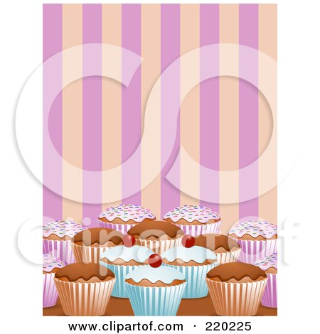 Royalty-Free (RF) Clipart Illustration of Decorated Cupcakes On A Counter Top, Over Pink And Orange Stripes by elaineitalia