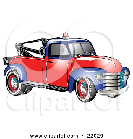 Clipart Illustration of a Vintage Blue And Red 1953 Chevy Tow Truck With A Light On Top Of The Roof by Andy Nortnik