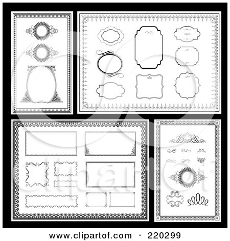 Royalty-Free (RF) Clipart Illustration of a Digital Collage Of Frame And Certificate Borders On Black by BestVector