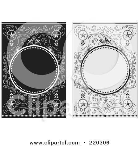 Royalty-Free (RF) Clipart Illustration of a Digital Collage Of Ornate Circle Frames With Stars And Swirls On Black And Gray Backgrounds by BestVector