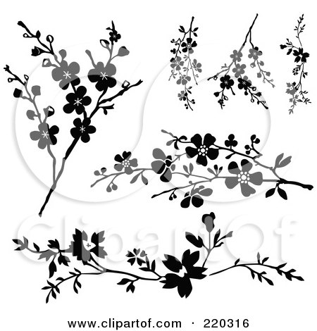 Royalty-Free (RF) Clipart Illustration of a Digital Collage Of Blossom Branches In Black And White by BestVector