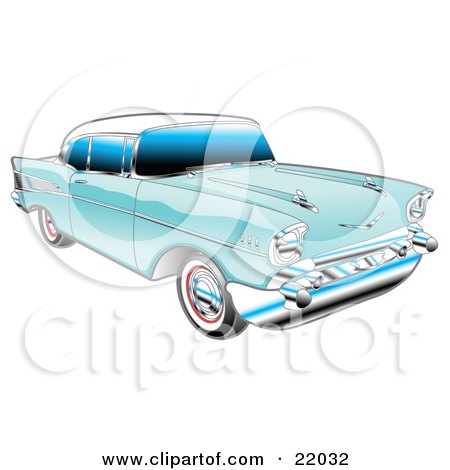 Clipart Illustration of a Blue 1957 Chevy Bel Air Car With A White Roof And Chrome Detailing by Andy Nortnik