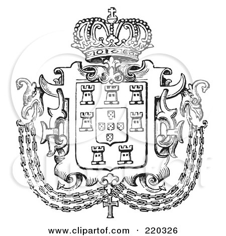 Royalty-Free (RF) Clipart Illustration of a Black And White Crown On A Crest With Chains And Fortresses by BestVector