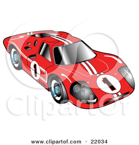 Clipart Illustration of a Red 1967 Ford Mark IV GT40 Racing Car With White Stripes And The Number 1 by Andy Nortnik