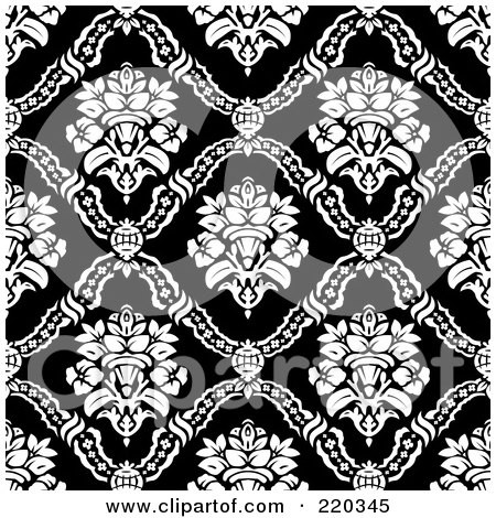 Royalty-Free (RF) Clipart Illustration of a Seamless Backgorund Of White Floral Vase Patterns On Black by BestVector