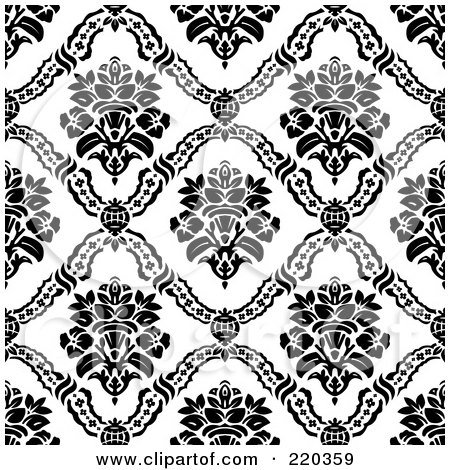 Royalty-Free (RF) Clipart Illustration of a Seamless Backgorund Of Black Floral Vase Patterns On White by BestVector