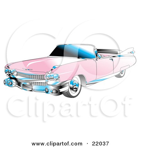 Clipart Illustration of a Pink Convertible 1959 Cadillac Car With Chrome Accents And The Top Down by Andy Nortnik