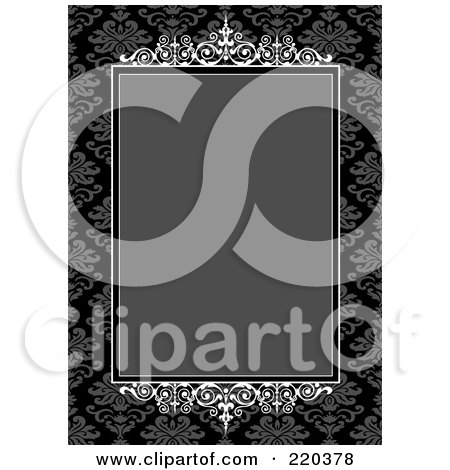Royalty-Free (RF) Clipart Illustration of a Formal Invitation Design Of An Ornate Gray Box Over Gray And Black Floral Pattern by BestVector