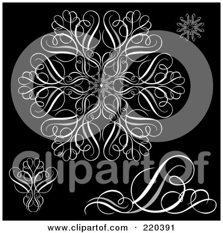 Royalty-Free (RF) Clipart Illustration of a Digital Collage Of White Swirls And Snowflakes On Black by BestVector