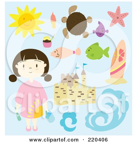 Royalty-Free (RF) Clipart Illustration of a Digital Collage Of A Summer Girl With A Sand Castle And Beach Items by Cherie Reve