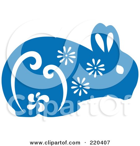 Royalty-Free (RF) Clipart Illustration of a Blue Rabbit With White Floral Designs by Cherie Reve