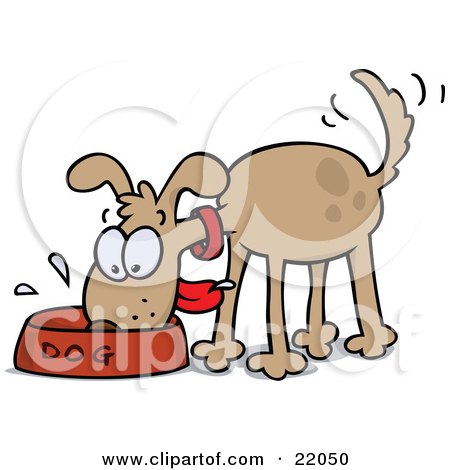 Clipart Illustration of a Happy And Hungry Brown Dog Wagging His Tail And Slobbering In His Food Bowl by gnurf