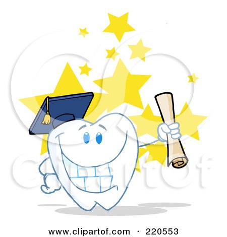Royalty-Free (RF) Clipart Illustration of a Tooth Character Grad Holding A Diploma Over Stars by Hit Toon