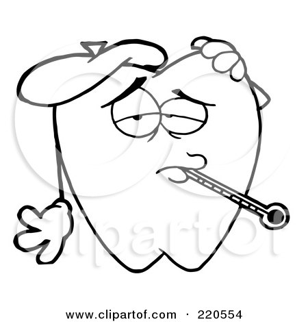 Royalty-Free (RF) Clipart Illustration of an Outlined Tooth Character With An Ice Pack And Thermometer In His Mouth by Hit Toon