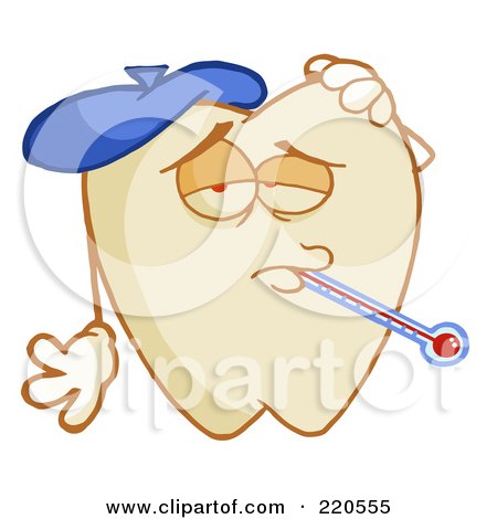 Royalty-Free (RF) Clipart Illustration of a Tooth Character With An Ice Pack And Thermometer In His Mouth by Hit Toon