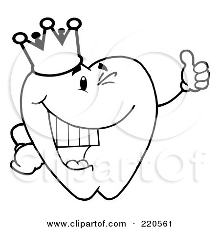 Royalty-Free (RF) Clipart Illustration of a Coloring Page Outline Of A Tooth Character Wearing A Crown And Giving The Thumbs Up by Hit Toon
