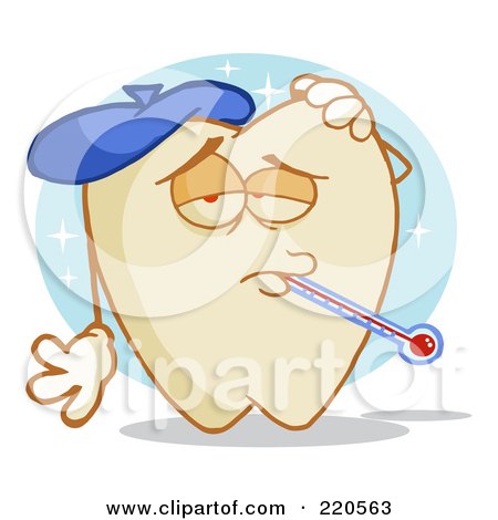 Royalty-Free (RF) Clipart Illustration of a Sick Tooth Character With An Ice Pack And Thermometer In His Mouth by Hit Toon