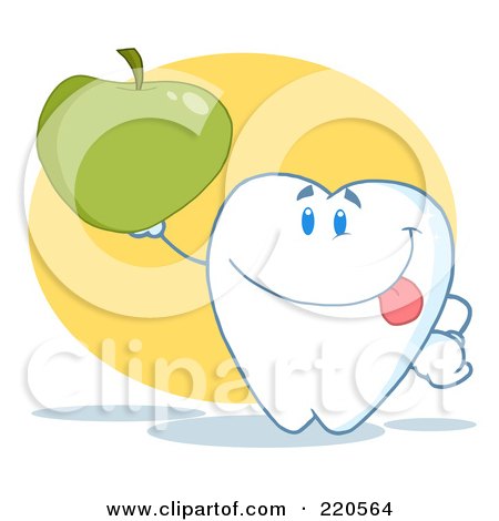 Royalty-Free (RF) Clipart Illustration of a Tooth Character Holding Up A Green Apple by Hit Toon