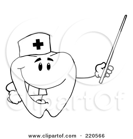 Royalty-Free (RF) Clipart Illustration of a Coloring Page Outline Of A Tooth Character Nurse Holding A Pointer Stick by Hit Toon